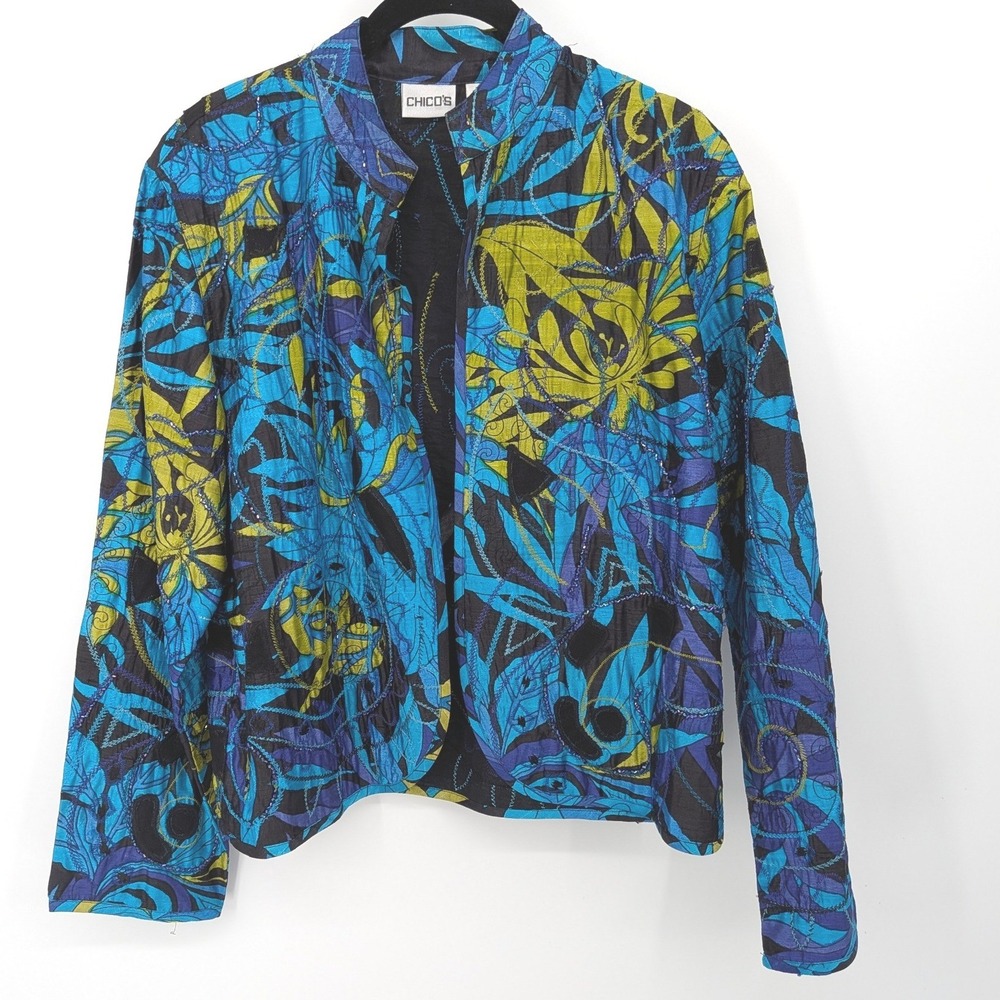 Chicos Silk Jacket Women Medium‎ Blue Floral Art To Wear Embroidered Open Front